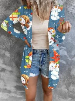Women's Cardigan Sweater Open Front Ribbed Knit Polyester Button Fall Winter Short Christmas Daily Going Out Stylish Casual Soft Long Sleeve Elk Snowman Xmas Tree Blue Snowman Red Cat Black -Xmas Cothing Store mcyqns1695262434465