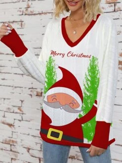 Women's Ugly Christmas Sweater Pullover Sweater Jumper V Neck Ribbed Knit Polyester Knitted Print Fall Winter Regular Outdoor Christmas Holiday Daily Stylish Casual Long Sleeve Santa Claus Wine Green