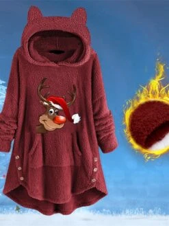 Women's Fleece Jacket Sherpa Jacket Teddy Coat Windproof Warm Outdoor Christmas Daily Wear Going Out Pocket Print Pullover Hoodie Plush Casual Daily Comfortable Xmas Elk Regular Fit Outerwear -Xmas Cothing Store mdiscw1667275127512