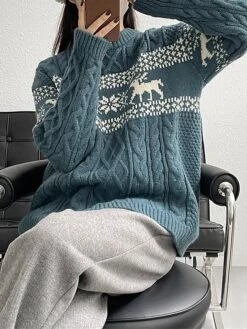 Women's Ugly Christmas Sweater Pullover Sweater Jumper Christmas Sweaters Crew Neck Cable Knit Acrylic Knitted Fall Winter Regular Outdoor Christmas Daily Fashion Casual Soft Long Sleeve Elk Snowflake -Xmas Cothing Store mdkcxc1697785151699