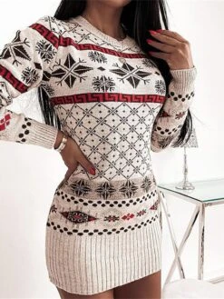 Women's Ugly Christmas Sweater Sweater Dress Crew Neck Ribbed Knit Acrylic Patchwork Fall Winter Long Xmas Daily Going Out Stylish Casual Soft Long Sleeve Geometric Snowflake Argyle Red Blue