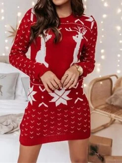 Women's Sweater Dress Crew Neck Ribbed Knit Acrylic Patchwork Fall Winter Long Christmas Daily Going Out Xmas Stylish Casual Soft Long Sleeve Elk Snowflake Red S M L