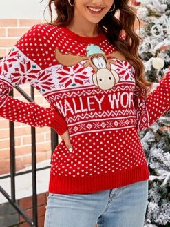 Women's Ugly Christmas Sweater Pullover Sweater Jumper Crew Neck Ribbed Knit Acrylic Patchwork Fall Winter Regular Xmas Daily Going Out Stylish Casual Soft Long Sleeve Elk Christmas Tree Black -Xmas Cothing Store mdzvbk1695029181209