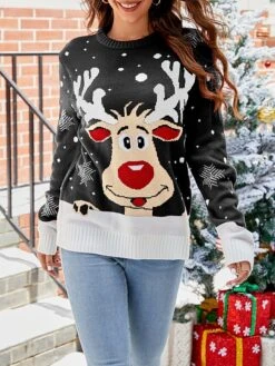 Women's Ugly Christmas Sweater Crew Neck Chunky Knit Acrylic Patchwork Drop Shoulder Fall Winter Regular Party Christmas Stylish Casual Long Sleeve Animal Black Red S M L -Xmas Cothing Store meqbcy1694515385702