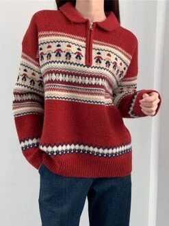 Women's Ugly Christmas Sweater Pullover Sweater Jumper Christmas Sweaters Shirt Collar Ribbed Knit Polyester Knitted Print Fall Winter Regular Outdoor Christmas Daily Stylish Casual Soft Long Sleeve