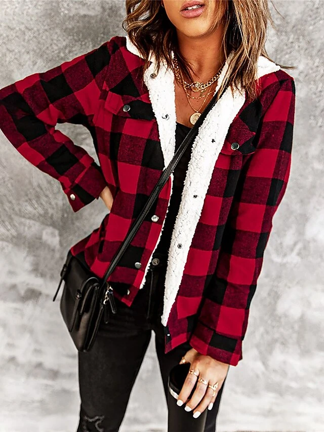 Women's Teddy Coat Christmas Winter Coat Fleece Sherpa Jacket Plaid Print Warm Street Xmas Jacket Long Sleeve With Pockets Red Gray 4 Women's Teddy Coat Christmas Winter Coat Fleece Sherpa Jacket Plaid Print Warm Street Xmas Jacket Long Sleeve With Pockets Red Gray - Image 2