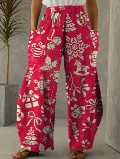 Women's Pants Trousers Bloomers Full Length Faux Linen Trousers Christmas Xmas Festival Magenta Wine S M Fall & Winter