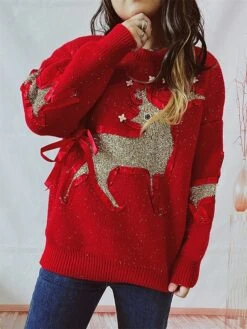 Women's Ugly Christmas Sweater Pullover Sweater Jumper Crew Neck Ribbed Knit Polyester Patchwork Fall Winter Regular Outdoor Christmas Daily Stylish Casual Soft Long Sleeve Elk Red Beige S M L -Xmas Cothing Store mgcsjj1696918500827