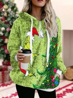 Women's Fleece Jacket Sherpa Jacket Teddy Coat Warm Breathable Christmas Street Daily Wear Vacation Zipper Pocket Print Pullover Hoodie Plush Casual Daily Comfortable Xmas Cartoon Regular Fit -Xmas Cothing Store mglkoh1668144834952