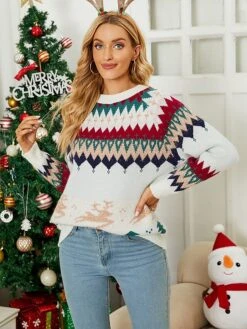 Women's Pullover Sweater Jumper Crew Neck Crochet Knit Acrylic Polyester Embroidery Spring Fall Winter Christmas Daily Holiday Stylish Casual Long Sleeve Snowman Xmas Tree Snowflake Red Blue -Xmas Cothing Store mhouse1693561351719