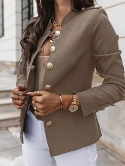 Women's Blazer Xmas Office Christmas Work Spring Fall Regular Coat Stand Collar Regular Fit Windproof Breathable Stylish Contemporary Modern Style Jacket Long Sleeve Plain Slim Fit Black Red Dark Navy -Xmas Cothing Store miwodk1685344079890