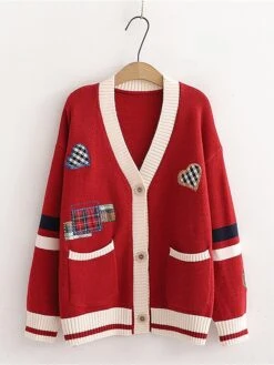Women's Ugly Christmas Sweater Cardigan Sweater Jacket V Neck Ribbed Knit Polyester Button Pocket Embroidery Fall Winter Regular Outdoor Christmas Daily Stylish Casual Soft Long Sleeve Plaid Heart