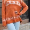 Women's Ugly Christmas Sweater Pullover Sweater Jumper Crew Neck Ribbed Knit Acrylic Patchwork Fall Winter Regular Outdoor Xmas Daily Stylish Vintage Style Casual Long Sleeve Elk Snowflake Orange -Xmas Cothing Store mjyciv1695209491083