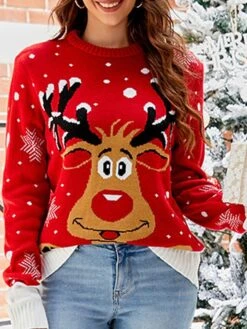 Women's Ugly Christmas Sweater Pullover Sweater Jumper Turtleneck Ribbed Knit Acrylic Patchwork Fall Winter Regular Xmas Daily Going Out Stylish Casual Soft Long Sleeve Elk Black Red S M L