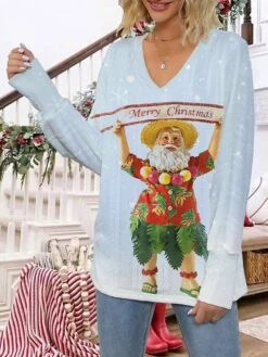 Women's Ugly Christmas Sweater Pullover Sweater Jumper V Neck Ribbed Knit Polyester Knitted Print Fall Winter Regular Outdoor Christmas Holiday Daily Stylish Casual Long Sleeve Santa Claus Royal Blue