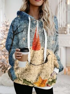 Women's Fleece Jacket Sherpa Jacket Teddy Coat Warm Breathable Christmas Street Daily Wear Vacation Zipper Pocket Print Pullover Hoodie Plush Casual Daily Comfortable Xmas Snowman Regular Fit