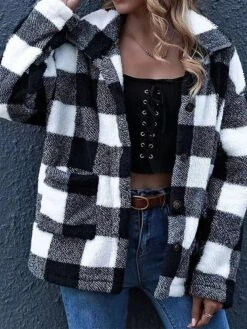 Women's Fleece Sherpa Jacket Teddy Coat Christmas Plaid Winter Coat Windproof Warm Jacket With Pocket Single Breasted Outerwear Long Sleeve -Xmas Cothing Store mmahqe1696170462230