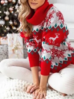 Women's Ugly Christmas Sweater Pullover Sweater Jumper Turtleneck Ribbed Knit Acrylic Oversized Fall Winter Regular Outdoor Christmas Daily Stylish Casual Soft Long Sleeve Elk Snowflake Black Red S M -Xmas Cothing Store mmakhg1696903340613