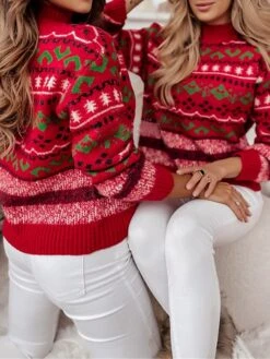 Women's Pullover Sweater Jumper Crew Neck Ribbed Knit Polyester Oversized Fall Winter Short Christmas Daily Going Out Xmas Stylish Casual Soft Long Sleeve Geometric Red S M L