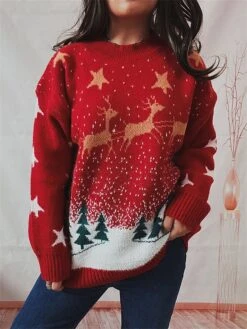Women's Ugly Christmas Sweater Pullover Sweater Jumper Crew Neck Ribbed Knit Polyester Oversized Fall Winter Regular Outdoor Xmas Daily Stylish Casual Soft Long Sleeve Star Elk Christmas Tree Red
