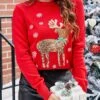 Women's Ugly Christmas Sweater Pullover Sweater Jumper Crew Neck Ribbed Knit Acrylic Sequins Embroidered Fall Winter Regular Christmas Daily Xmas Stylish Casual Soft Long Sleeve Animal Elk Black -Xmas Cothing Store mnrtmx1695029176417