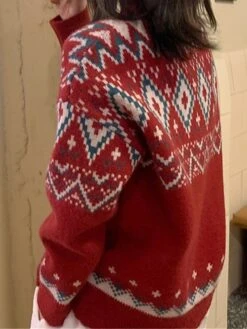 Women's Ugly Christmas Sweater Cardigan Sweater Crew Neck Ribbed Knit Knit Patchwork Oversized Fall Winter Regular Outdoor Christmas Daily Stylish Vintage Style Casual Long Sleeve Geometric Red Beige -Xmas Cothing Store mocjqm1696903373189