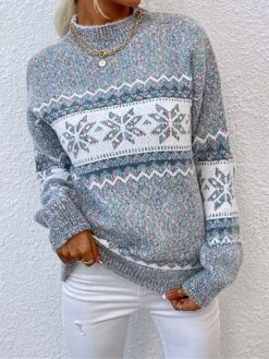 Women's Ugly Christmas Sweater Pullover Sweater Jumper Stand Collar Ribbed Knit Polyester Patchwork Fall Winter Regular Outdoor Christmas Daily Stylish Casual Soft Long Sleeve Snowflake Pink Blue -Xmas Cothing Store mozpvn1696903356699