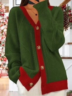 Women's Cardigan V Neck Crochet Knit Polyester Button Fall Winter Regular Christmas Date Stylish Soft Long Sleeve Color Block Wine Army Green S M L