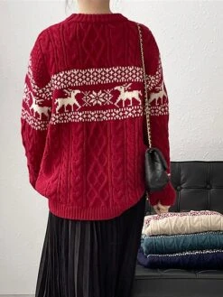 Women's Ugly Christmas Sweater Pullover Sweater Jumper Christmas Sweaters Crew Neck Cable Knit Acrylic Knitted Fall Winter Regular Outdoor Christmas Daily Fashion Casual Soft Long Sleeve Elk Snowflake -Xmas Cothing Store mpybib1697785172482