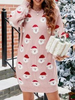 Women's Ugly Christmas Sweater Dress Crew Neck Ribbed Knit Polyester Patchwork Tassel Fall Winter Long Christmas Daily Going Out Xmas Stylish Casual Soft Long Sleeve Santa Claus Black Pink Green S