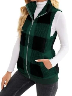 Women's Teddy Vest Fleece Plaid Sleeveless Sherpa Coat Fall Winter Thermal Warm Christmas Outerwear With Pockets Stylish Contemporary Modern Style Jacket Sleeveless -Xmas Cothing Store mrrcch1692264940577