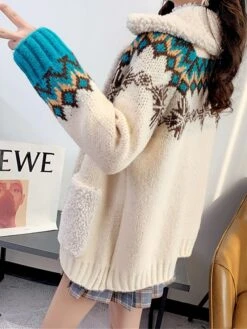 Women's Ugly Christmas Sweater Cardigan Sweater Shirt Collar Ribbed Knit Polyester Button Pocket Fall Winter Regular Outdoor Christmas Daily Stylish Casual Soft Long Sleeve Geometric Snowflake Red -Xmas Cothing Store mrycmt1696903342540