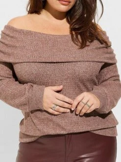 Women's Pullover Sweater Jumper Off Shoulder Waffle Knit Polyester Cold Shoulder Fall Winter Short Party Christmas Going Out Stylish Casual Soft Long Sleeve Solid Color Pink Coffee L XL 2XL