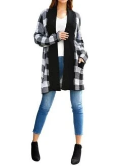 Women's Winter Coat Warm Outdoor Christmas Gifts Christmas Daily Wear Pocket Print Open Front Collarless Active Casual Daily Xmas Comfortable Street Style Plaid Regular Fit Outerwear Long Sleeve Fall -Xmas Cothing Store muxkmt1661164204618