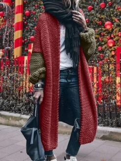 Women's Cardigan Open Front Cable Knit Polyester Oversized Fall Winter Long Christmas Going Out Stylish Soft Long Sleeve Color Block Wine Army Green S M L