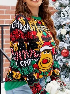 Women's Ugly Christmas Sweater Pullover Sweater Jumper Crew Neck Ribbed Knit Acrylic Patchwork Fall Winter Regular Xmas Daily Going Out Stylish Casual Soft Long Sleeve Animal Elk Snowman Black -Xmas Cothing Store mvzptz1695029205455