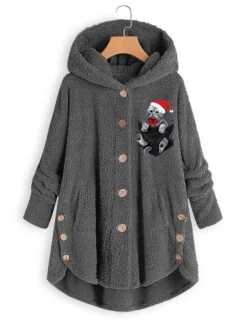 Women‘s Plus Size Christmas Fleece Jacket Teddy Coat Warm Button Pocket Animal Cat Hat Outdoor Xmas Long Sleeve Hooded Regular Winter Fall Black Pink Wine L XL XXL 3XL 4XL -Xmas Cothing Store mwdhxf1667466894091