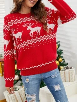 Women's Ugly Christmas Sweater Pullover Sweater Jumper Crew Neck Ribbed Knit Cotton Polyester Knitted Fall Winter Outdoor Xmas Holiday Stylish Casual Soft Long Sleeve Geometric Elk Red S M L -Xmas Cothing Store mweocs1666854045010