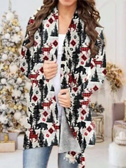 Women's Casual Jacket Windproof Warm Outdoor Christmas Daily Going Out Print Cardigan V Neck Contemporary Casual Daily Comfortable Xmas Plaid Regular Fit Outerwear Long Sleeve Fall Winter Black -Xmas Cothing Store mwmnzq1668407878413