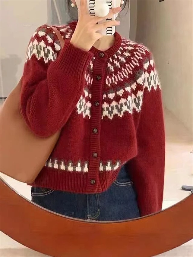 Women's Ugly Christmas Sweater Cardigan Sweater Crew Neck Ribbed Knit Rayon Patchwork Button Fall Winter Xmas Daily Going Out Stylish Casual Soft Long Sleeve Geometric Color Block Red Navy Blue 4 Women's Ugly Christmas Sweater Cardigan Sweater Crew Neck Ribbed Knit Rayon Patchwork Button Fall Winter Xmas Daily Going Out Stylish Casual Soft Long Sleeve Geometric Color Block Red Navy Blue - Image 2