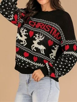 Women's Ugly Christmas Sweater Pullover Sweater Jumper Crew Neck Ribbed Knit Polyester Oversized Fall Winter Short Xmas Daily Going Out Stylish Casual Soft Long Sleeve Heart Letter Elk Black S M -Xmas Cothing Store mxgnhw1695209508648