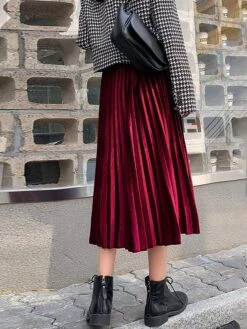 Women's Skirt A Line Swing Midi Gold Velvet Wine Red Black Pink Navy Blue Skirts Fall & Winter Pleated High Waist Fashion Elegant Christmas Xmas Street M L XL -Xmas Cothing Store mxhtuo1694689575610