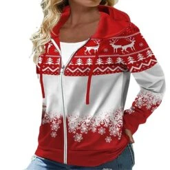 Women's Hoodie Jacket Warm Breathable Outdoor Christmas Daily Wear Vacation Pocket Print Zipper Hoodie Active Sports Comfortable Xmas Elk Regular Fit Outerwear Long Sleeve Fall Winter Red S M L -Xmas Cothing Store mxiknf1666596890919