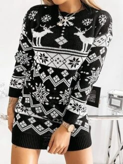 Women's Ugly Christmas Sweater Sweater Dress Crew Neck Ribbed Knit Acrylic Patchwork Fall Winter Long Outdoor Xmas Daily Stylish Casual Soft Long Sleeve Geometric Elk Snowflake Black Red Gray S