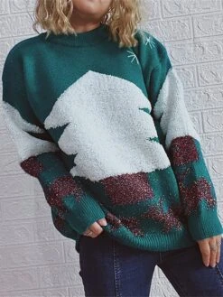 Women's Ugly Christmas Sweater Pullover Sweater Jumper Crew Neck Ribbed Knit Polyester Patchwork Fall Winter Regular Outdoor Christmas Daily Stylish Casual Soft Long Sleeve Elk Christmas Tree Red -Xmas Cothing Store mybbiu1696903349158