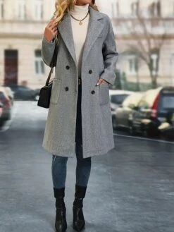 Women's Christmas Coat Xmas Tree Print Double Breasted Lapel Pea Coat Fall Party Wear Warm Windproof Trench Coat -Xmas Cothing Store mygyfv1696831820170