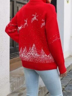 Women's Ugly Christmas Sweater Pullover Sweater Jumper Turtleneck Ribbed Knit Acrylic Patchwork Fall Winter Regular Outdoor Christmas Daily Stylish Casual Soft Long Sleeve Elk Christmas Tree White Red -Xmas Cothing Store myihni1697103906604