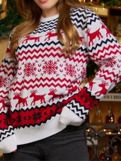 Women's Ugly Christmas Sweater Pullover Sweater Jumper Crew Neck Ribbed Knit Acrylic Tassel Fall Winter Regular Daily Going Out Xmas Stylish Casual Soft Long Sleeve Elk Snowflake White Red S M L -Xmas Cothing Store mysuoa1695029178703