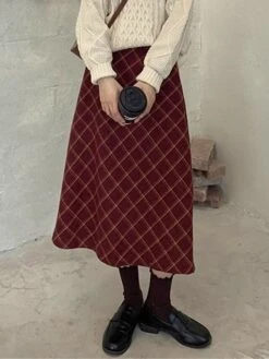 Women's Skirt Long Skirt Midi Cotton Wine Skirts Fall & Winter Plaid Print High Waist Fashion Elegant Christmas Street Xmas S M L -Xmas Cothing Store ncemci1695351446208