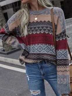 Women's Ugly Christmas Sweater Pullover Sweater Jumper Crew Neck Ribbed Knit Woolen Patchwork Fall Winter Regular Outdoor Christmas Daily Stylish Ethnic Style Casual Long Sleeve Geometric Striped Red -Xmas Cothing Store ncpstg1696992149775